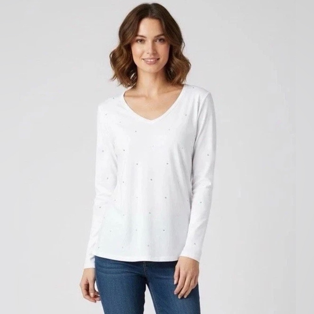 BumbleBella by Jill Martin Rhinestone Longsleeve White crew neck Top Blouse Sz S